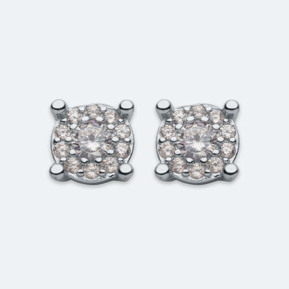 Silver round cluster studs.