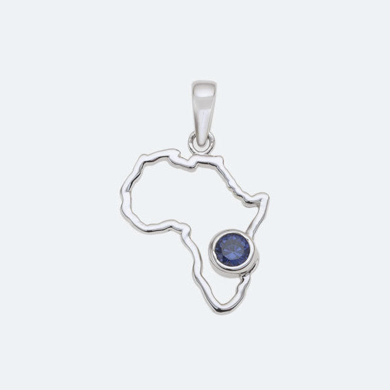 Silver cut out Map of Africa with round tanzanite colour cubic zirconia