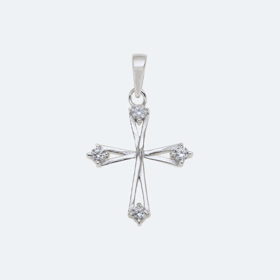 Silver flared end cross pendant with cubic zirconia's