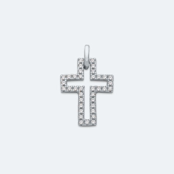 Silver cross pendant on a light gray background
