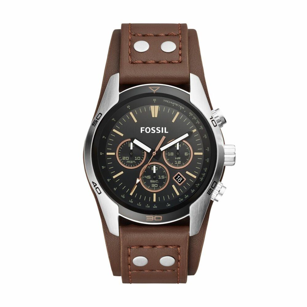 Fossil Men's Coachman Silver/Steel Round Leather Watch